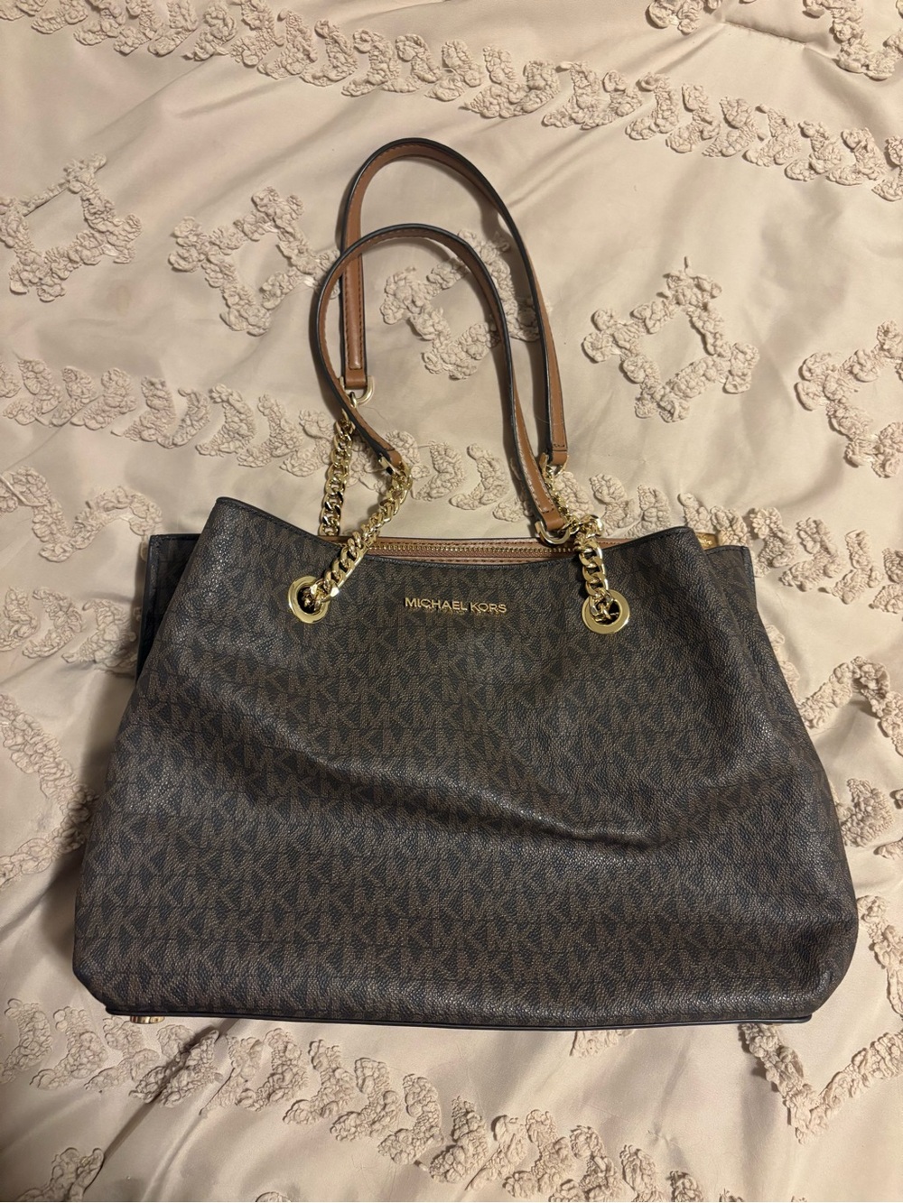 Michael Kors Brown Logo Tote with Gold Hardware and Chain Straps